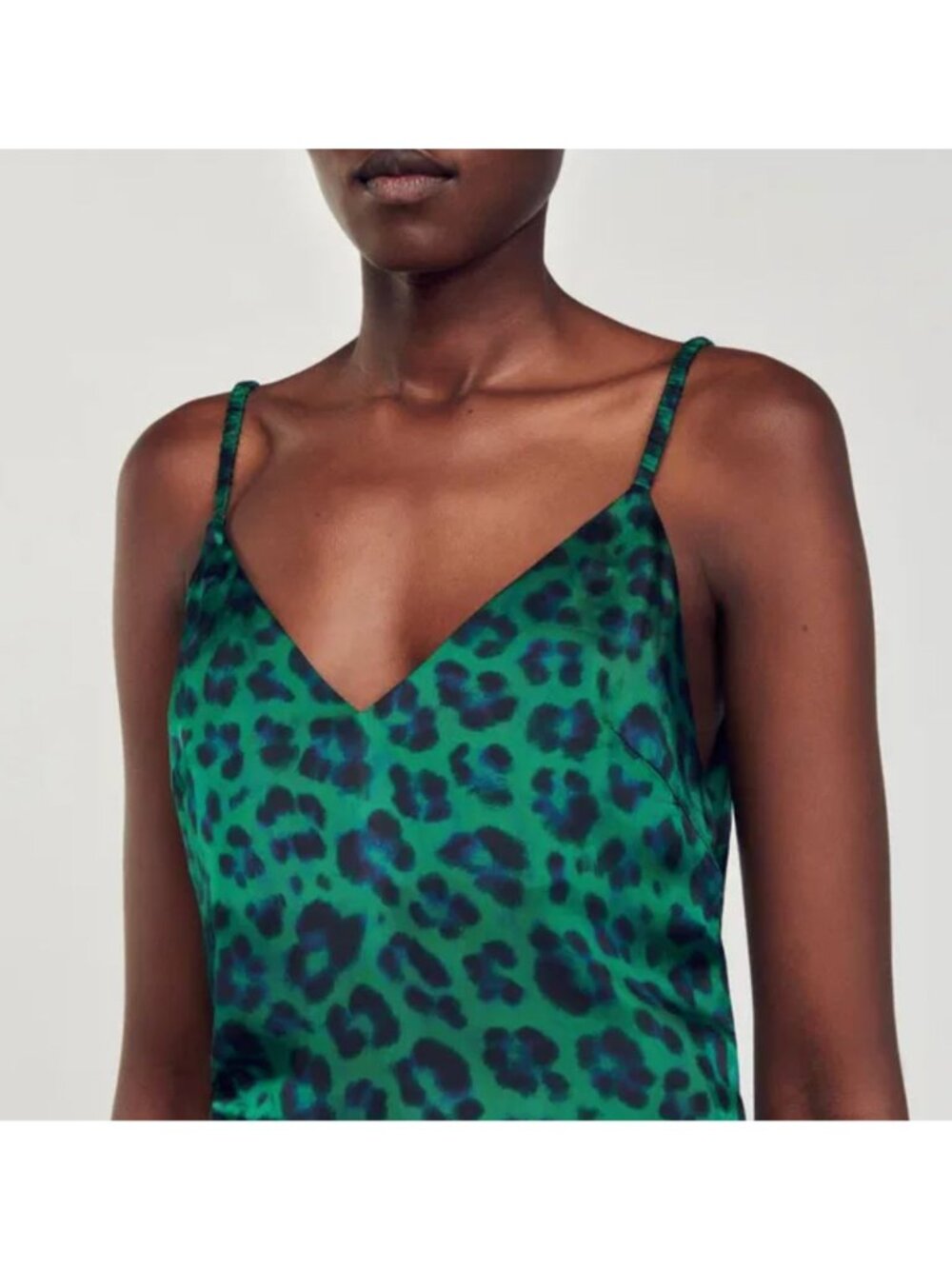 Sandro Amazonie Leopard Print Satin Midi Slip Dress Green Animal Print US 4 - Picture 2 of 16